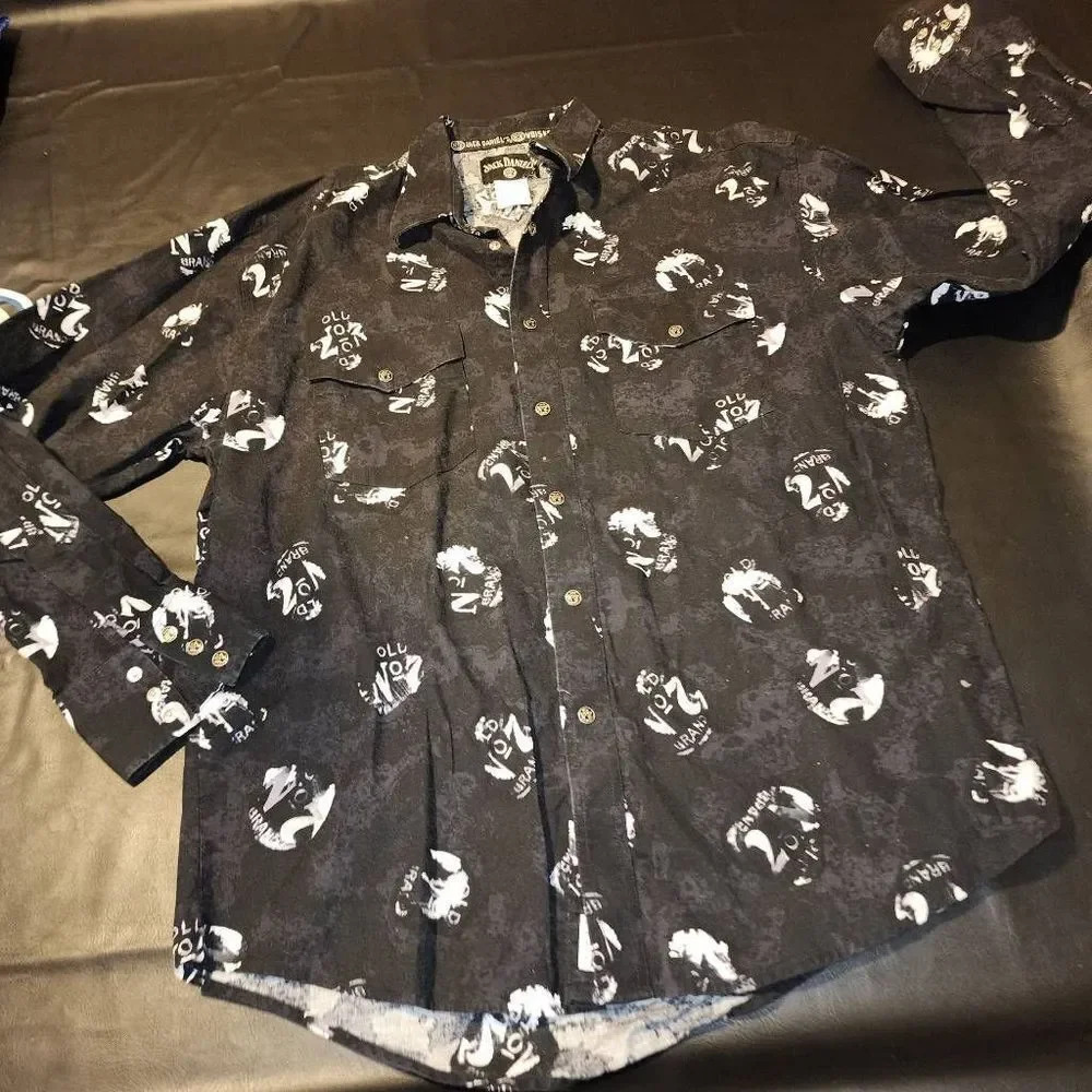 Jack Daniels Mens Black Logo Snap‎ Button Down Long Sleeve Shirt Top XL